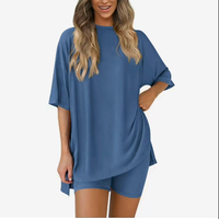 Women's Summer Two-Piece Set 2025 Casual Oversized Shirts Biker Shorts Matching Airport Travel Outfit Split Hem Lounge#spring...