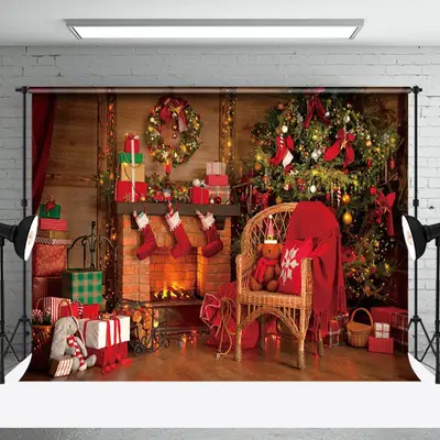 Aperturee Festive Red Wooden Room Fireplace Christmas Backdrop