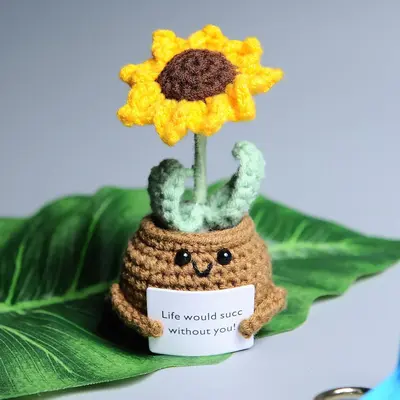 Sunflower Pot Crochet Ornament, Cute Cartoon Positive Potted Plant Figurine, Creative Home Decor for Living Room Bedroom Offi...