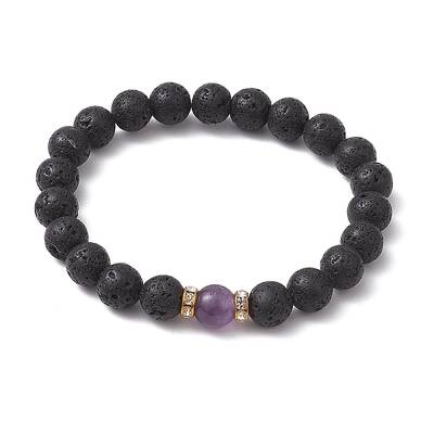 Natural Amethyst & Lava Rock Round Beaded Stretch Bracelets for Women