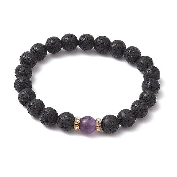 Natural Amethyst & Lava Rock Round Beaded Stretch Bracelets for Women