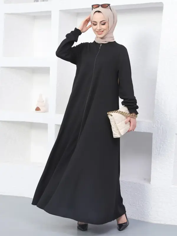 Women's Solid Flounce Sleeve Zipper Abaya Dress without Hijab, Modest Long Sleeve Round Neck Arabic Clothing, Eid Clothes for...