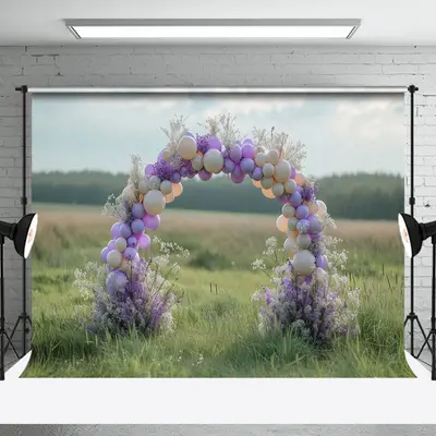 Bokeh Field Arch Balloons Floral Wedding Backdrop