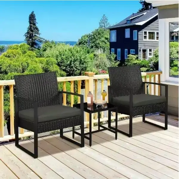 3-Piece Outdoor Furniture Set, 2 Waterproof Chairs and 1 Bistro Table Furniture Set, Wicker Rattan Conversation Set, Thickene...