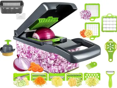 16 in 1 Food Chopper, Kitchen Vegetable Slicer Dicer Cutter,With Stainless Steel Blades,Carrot and Garlic Chopper With Contai...