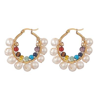 Natural & Synthetic Mixed Gemstone & Pearl Beaded Hoop Earrings