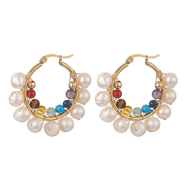 Natural & Synthetic Mixed Gemstone & Pearl Beaded Hoop Earrings