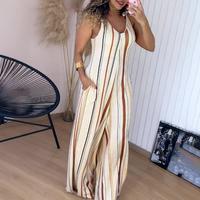 ChicMe Women's Striped V Neck Sleeveless Overalls Casual Shoulder Tied Wide Leg Jumpsuit With Pockets