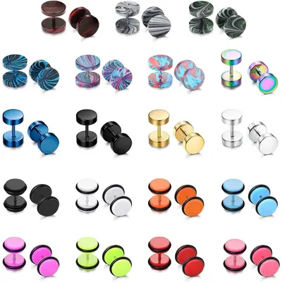 FLORIDECO 19 Pairs Stainless Steel Men Earrings Studs Ear Piercing Plugs Tunnel Screw Design Fake Gauges Earrings Flat Back S...