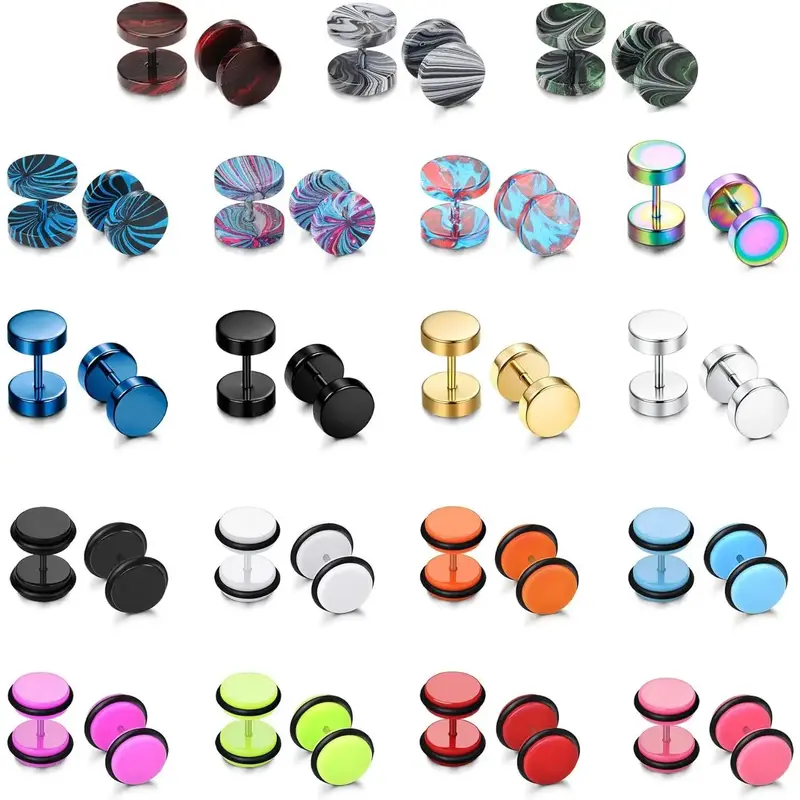 FLORIDECO 19 Pairs Stainless Steel Men Earrings Studs Ear Piercing Plugs Tunnel Screw Design Fake Gauges Earrings Flat Back S...
