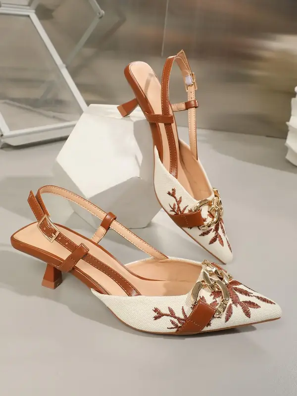Women's Fashionable Floral Embroidered High Heel Shoes, Elegant Pointed Toe Buckle Decorated Heels for Party, Daily Clothing ...