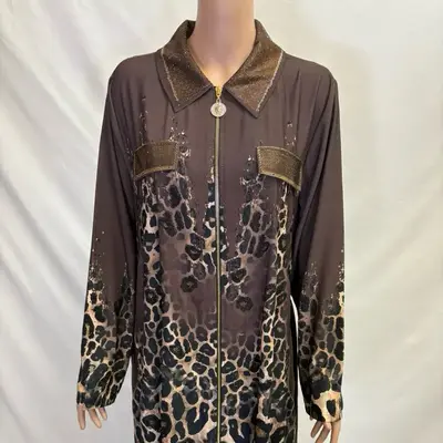 Brown leopard print dress like abaya with pockets belt and rhinestones