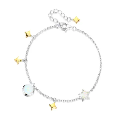 Sterling Silver Opal Moon & Star Charm Bracelet