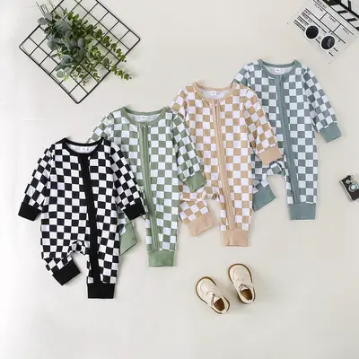 Newborn Baby Boy Girl Romper Cute 3 6 9 12 Months Infant Clothes Checkerboard Zip-up Jumpsuit Spring Outfit