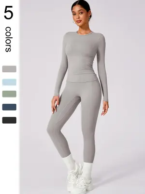 Women's Solid Long Sleeve Tee & High Waist Leggings Tracksuit Set, Sporty Round Neck Top & Skinny Pants Outfits for Gym Worko...
