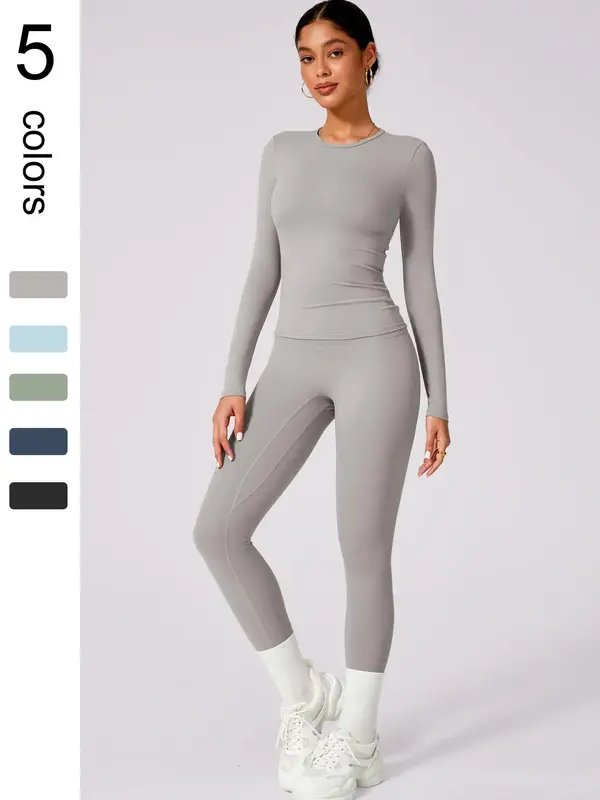 Women's Solid Long Sleeve Tee & High Waist Leggings Tracksuit Set, Sporty Round Neck Top & Skinny Pants Outfits for Gym Worko...