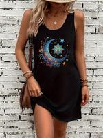 Women's Mysterious Star & Moon Print Round Neck Tank Dress, Casual Sleeveless Short Dress for Daily Wear, Ladies Clothes for ...