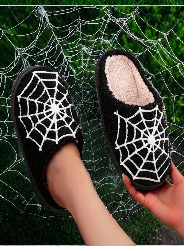 Cute Spider Web Print Plush Slippers for Women, 2024 New Style Soft Comfort House Slippers As Gifts, Warm Slippers for Girl I...