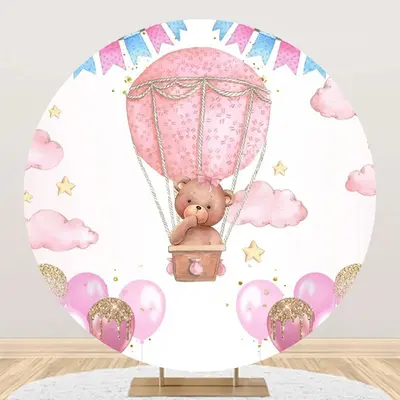 Pink Hot Air Balloon Bear Circle Birthday Backdrop - Aperturee