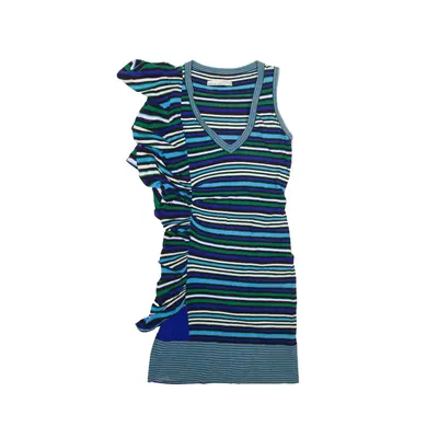 KAREN MILLEN Ruched one Side Knit Bodycon Dress Blue Striped Sleeveless Knee Length Womens UK 4