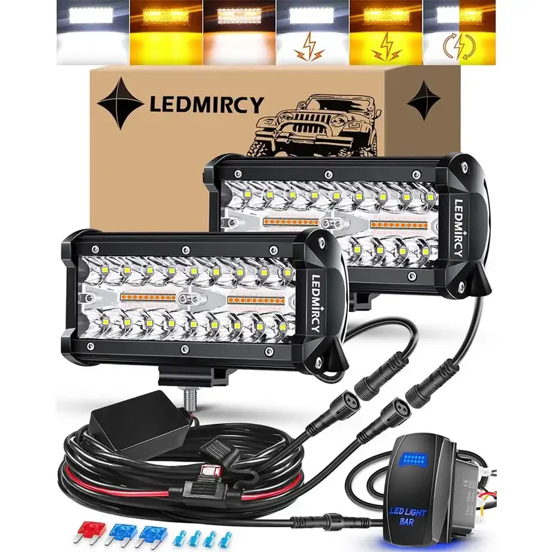 LEDMIRCY 7-Inch LED Light Bar – 6 Modes, Waterproof Multi-Mode LED Light Bar, White & Amber Strobe Lights, Off-Road, Fog Li...