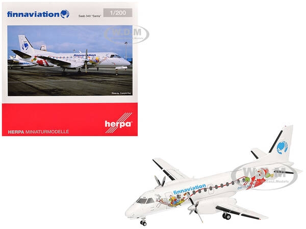 Saab 340 Commercial Aircraft Finnaviation - Santa Livery (OH-FAH) White with Graphics 1/200 Diecast Model Airplane by Herpa