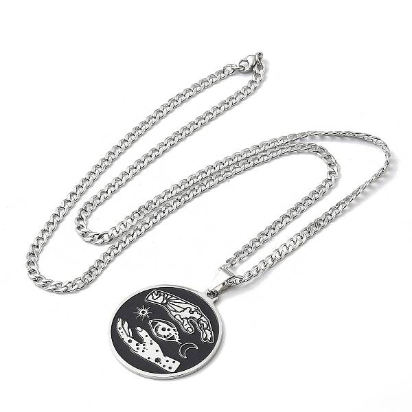 304 Stainless Steel Black Enamel Yin-Yang Star Moon Pendant Necklaces
