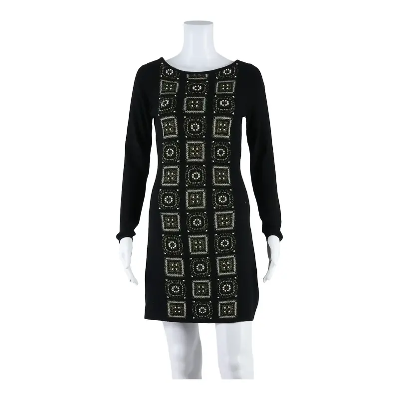 MONSOON Beaded Womens Bodycon Dress Black Viscose Geometric Short UK 8
