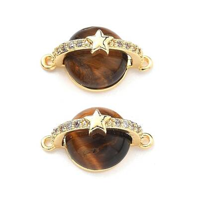 Brass Pave Natural Tiger Eye Planet Connector Charms