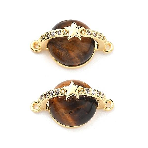 Brass Pave Natural Tiger Eye Planet Connector Charms