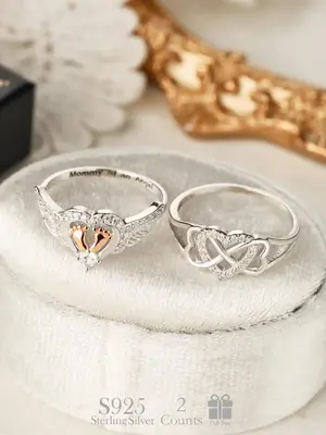 S925 Sterling Silver Fashion Heart & Angel Wing Design Ring & Pendant Necklace, Fashion Jewelry for Party, Daily Decor, Trend...