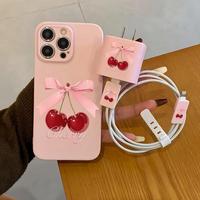 Cherry & Bowknot Design Phone Case with Charger Saver & Data Cable Protector, Cute Fashion Phone Case for iPhone 11 12 13 14 ...