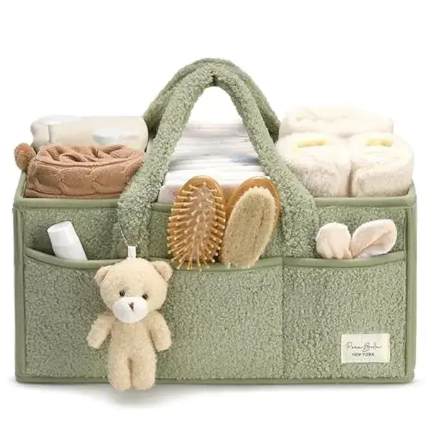 PERABELLA Baby Diaper Caddy Organizer with Teddy Bear Charm & Plush Sherpa Exterior - Versatile Storage Basket for Nursery & ...