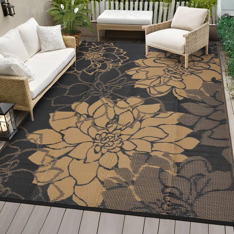 Garvee Large Outdoor Rug 9x18 Waterproof Reversible Floral Design Plastic Foldable UV Resistant with Stakes for Patio Deck Ca...