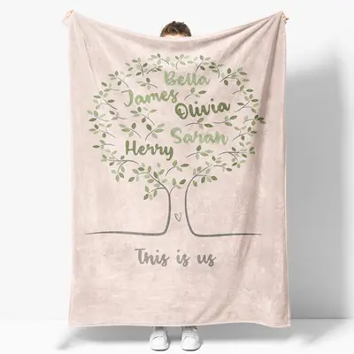 Light Pink Green Family Tree Custom Name Blanket - Aperturee
