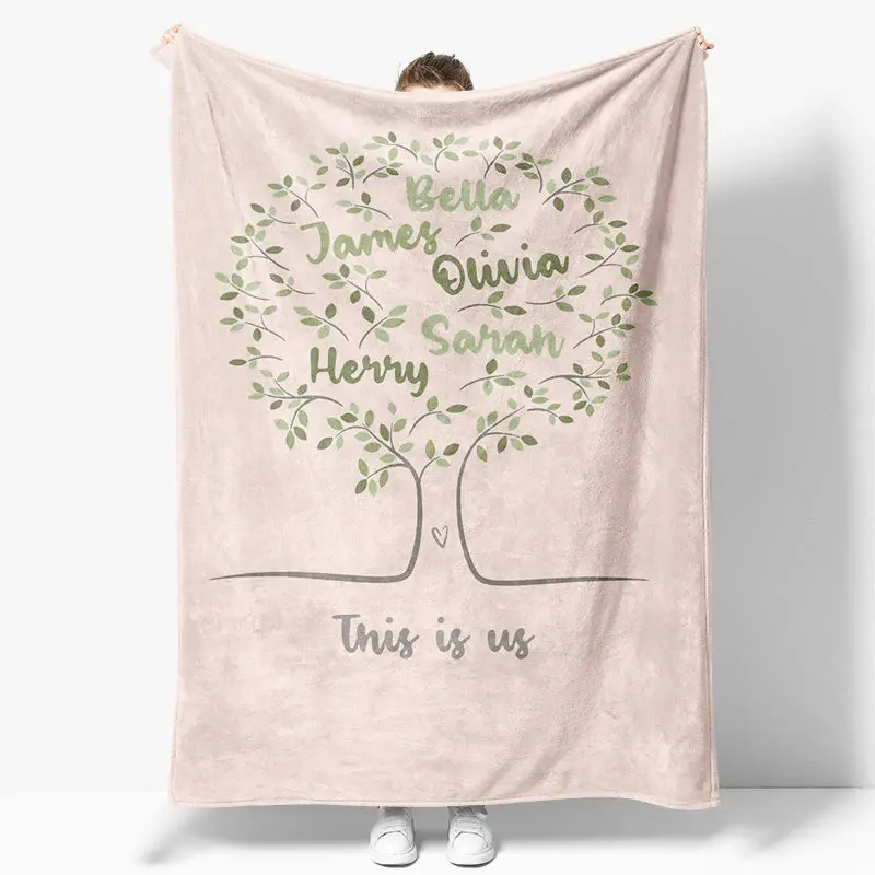 Light Pink Green Family Tree Custom Name Blanket - Aperturee