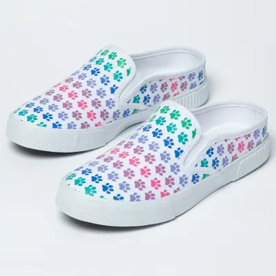 Paw Print Low-Back Slip-On Canvas Shoes - Rainbow Paws - 10