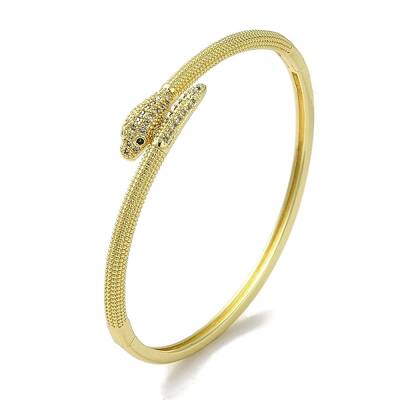 Brass Pave Clear & Green Cubic Zirconia Snake Hinged Bangle for Women