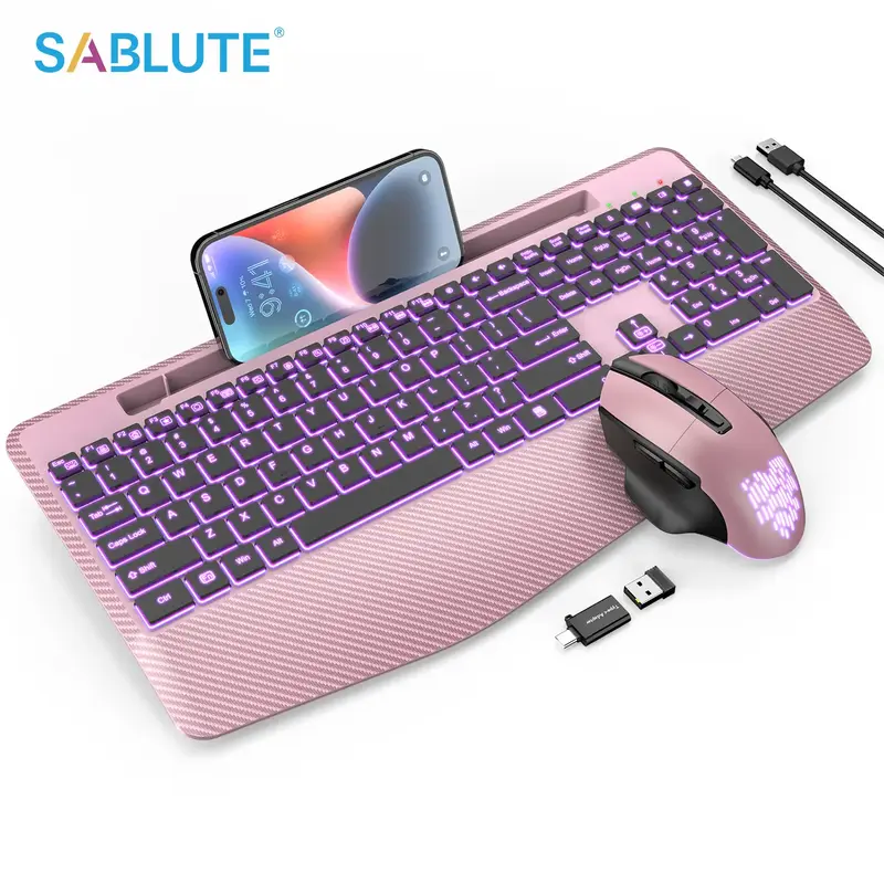 SABLUTE KL8 Wireless Keyboard and Mouse Backlits(non-bluetooth), Wrist Rest, LED Mouse, Rechargeable Keyboard with Phone Hold...