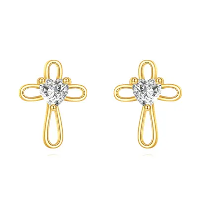 14K Gold Heart Shaped Cubic Zirconia Cross Stud Earrings