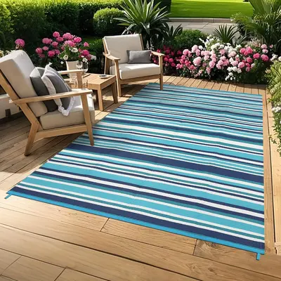 Garvee Waterproof Reversible Outdoor Rug 9x12ft - Modern Geometric Blue Striped Plastic Straw Patio Carpet, Durable Area Mat ...