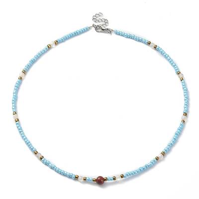 Dyed Natural Agate & Red Jasper & Seed Beaded Necklace