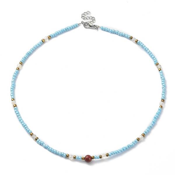 Dyed Natural Agate & Red Jasper & Seed Beaded Necklace