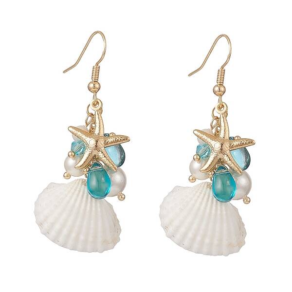 Shell Pearl & Glass & Starfish Cluster Dangle Earrings