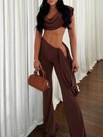 Women's Solid Color Crop Top & Trouser Set, Lady Casual Fashion Cozy Outfits for Daily Outdoor Wear, 2 Piece Sets Women, Wome...
