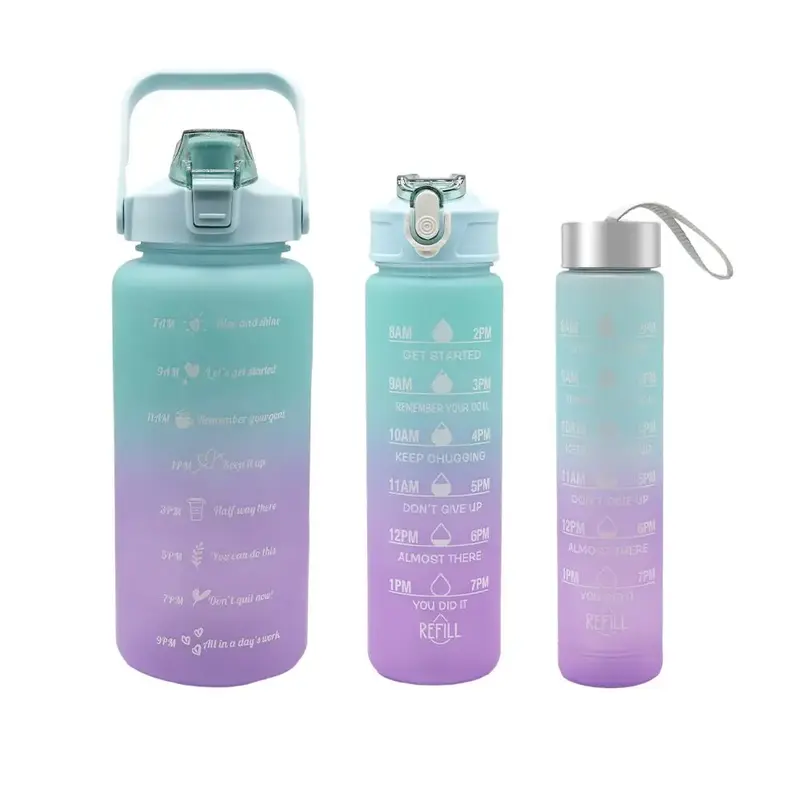 Summer Travel Gradient Water Bottles, 3 Counts/set Portable Tumbler with Straw & Strap, Reusable Water Bottles with Time Mark...