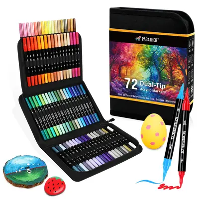 Acrylic Paint Markers, Dual Tip with Fine Tip and Brush Tip Pens for Stone, Wood, Calligraphy, Canvas, Ceramic, Metal, Glass,...