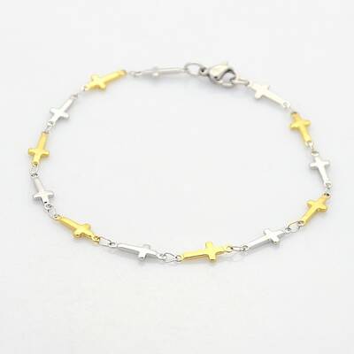 Two Tone Religious Catholic Jewelry 304 Stainless Steel Cross Link Chain Bracelets