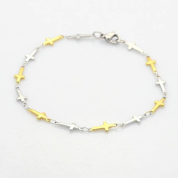 Two Tone Religious Catholic Jewelry 304 Stainless Steel Cross Link Chain Bracelets