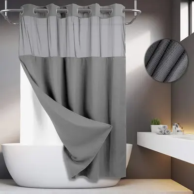 Grey No Hook Shower Curtain with Snap in Liner -grey Wagonfly Double Layer Shower Curtain -Fabric Waterproof Inner Liner, Whi...